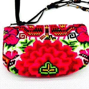 JadeTRIBE Boho Clutch Wristlet Pouch Makeup Bag Embroidered Neon Pink Green